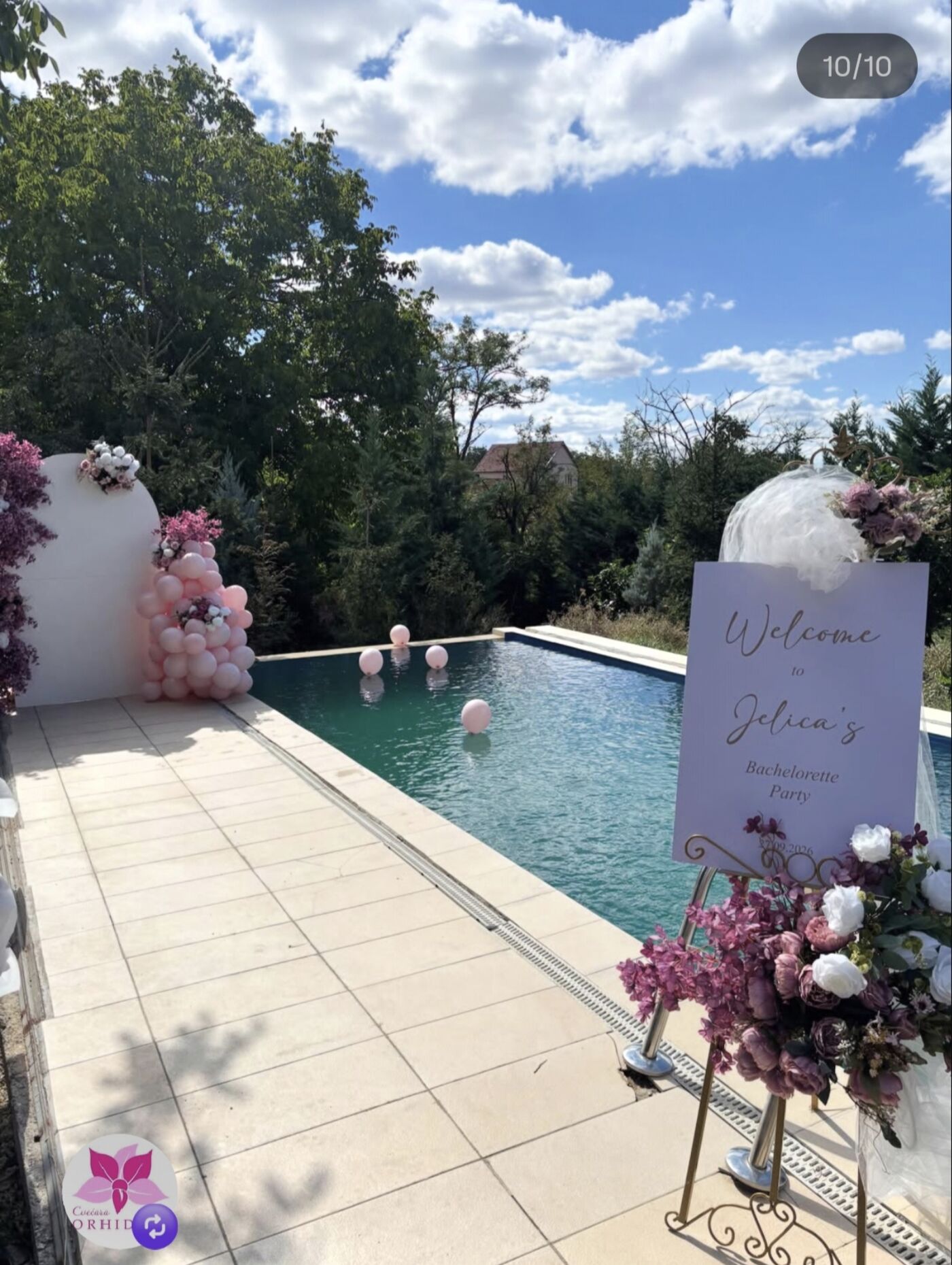Bachelorette party setup with balloons and welcome sign by the pool at Teddy Camp, Kosovo