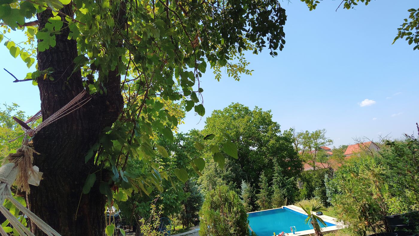 The campground pool framed by garden trees, Shushice Kosovo