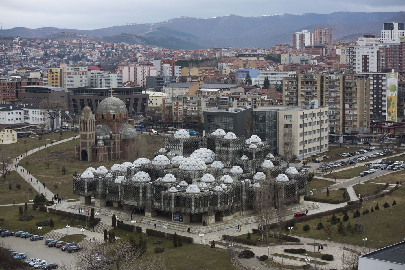 Aerial view of Prishtina with the National Library of Kosovo, Kosovo's capital city